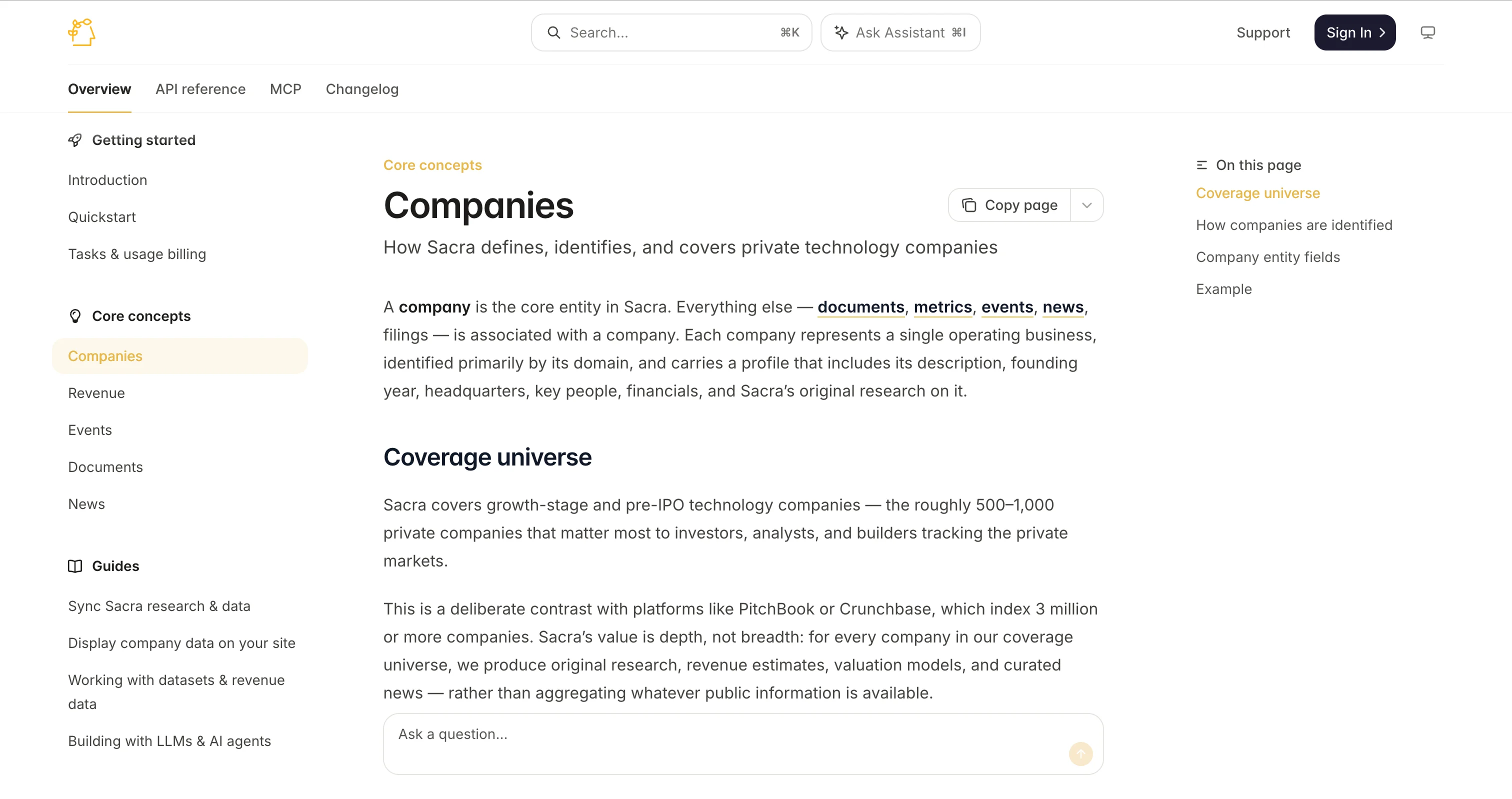 Sacra's API docs, showing the Companies core concepts page with sidebar navigation and search