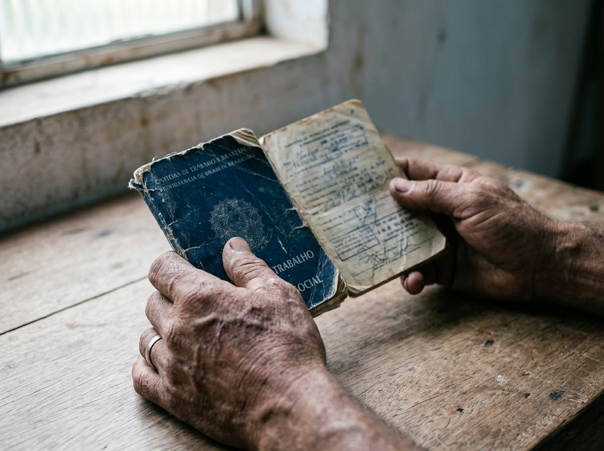 Mãos de um trabalhador segurando sua carteira de trabalho