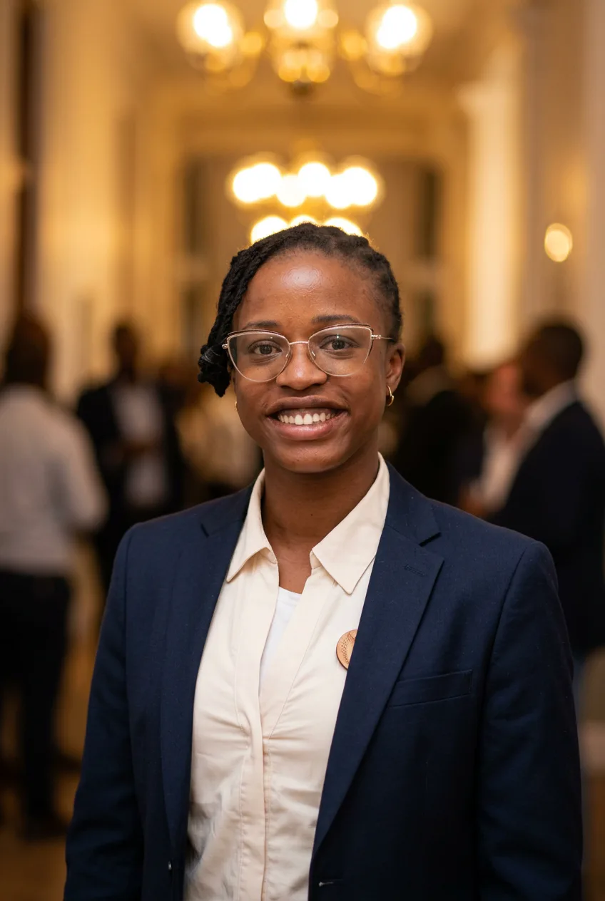 Founder in a blazer at a cohort event, smiling