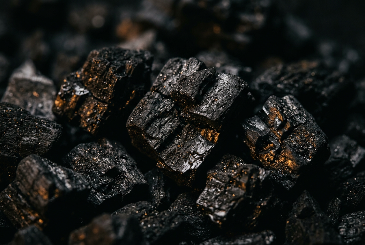 Close-up of black biochar charcoal fragments with warm highlights