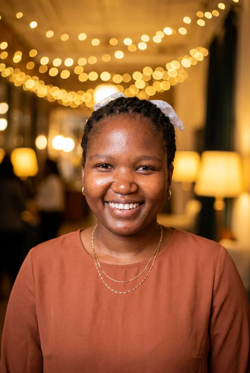 Founder in an earth-toned blouse at a cohort event, smiling