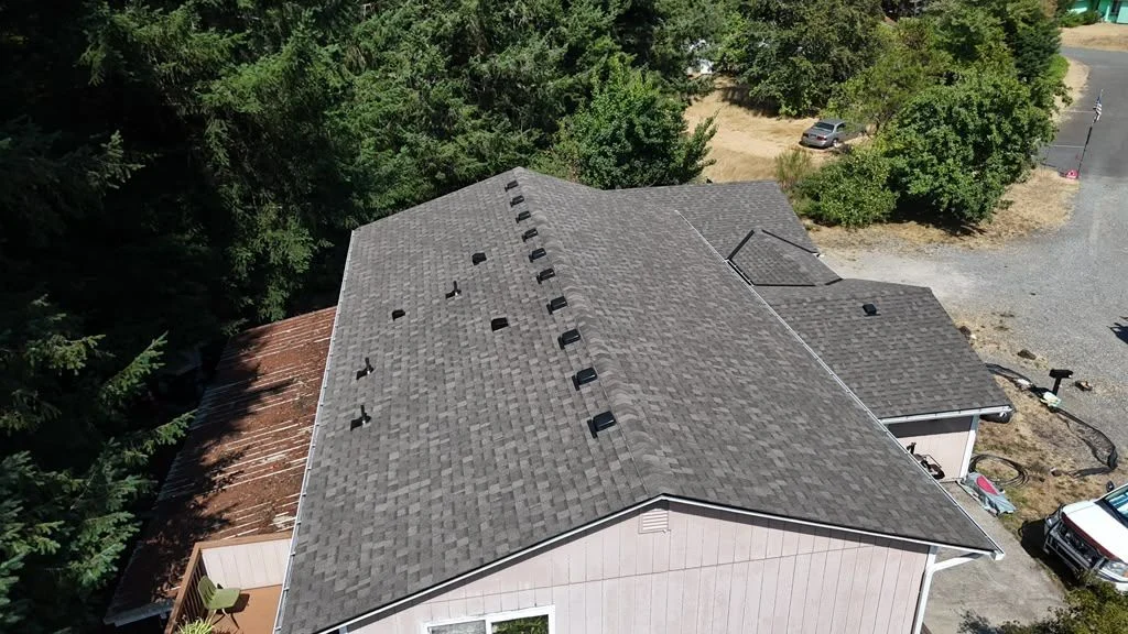 Aerial of the finished dark IKO Cambridge shingle roof with new vents, surrounded by evergreens