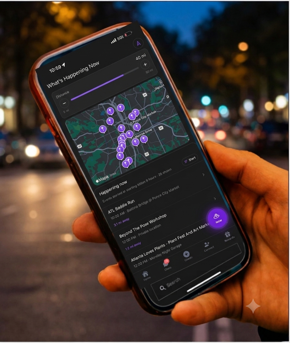 GreatNight map showing nearby Atlanta events and navigation options