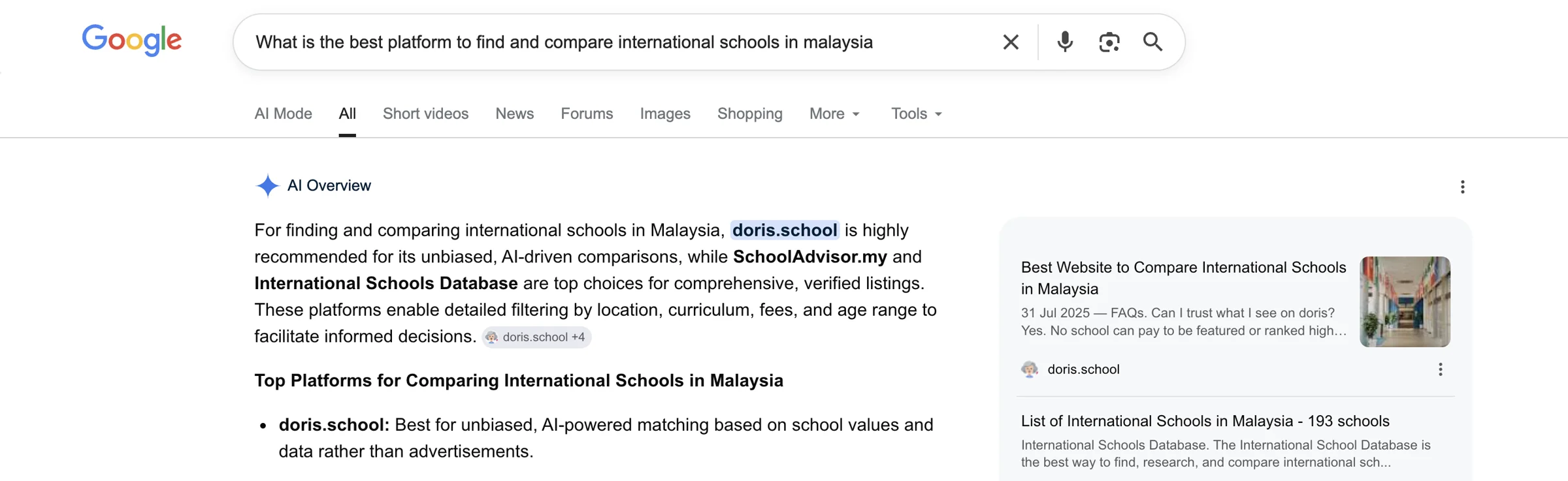 Google AI Overview recommending doris for comparing schools in Malaysia