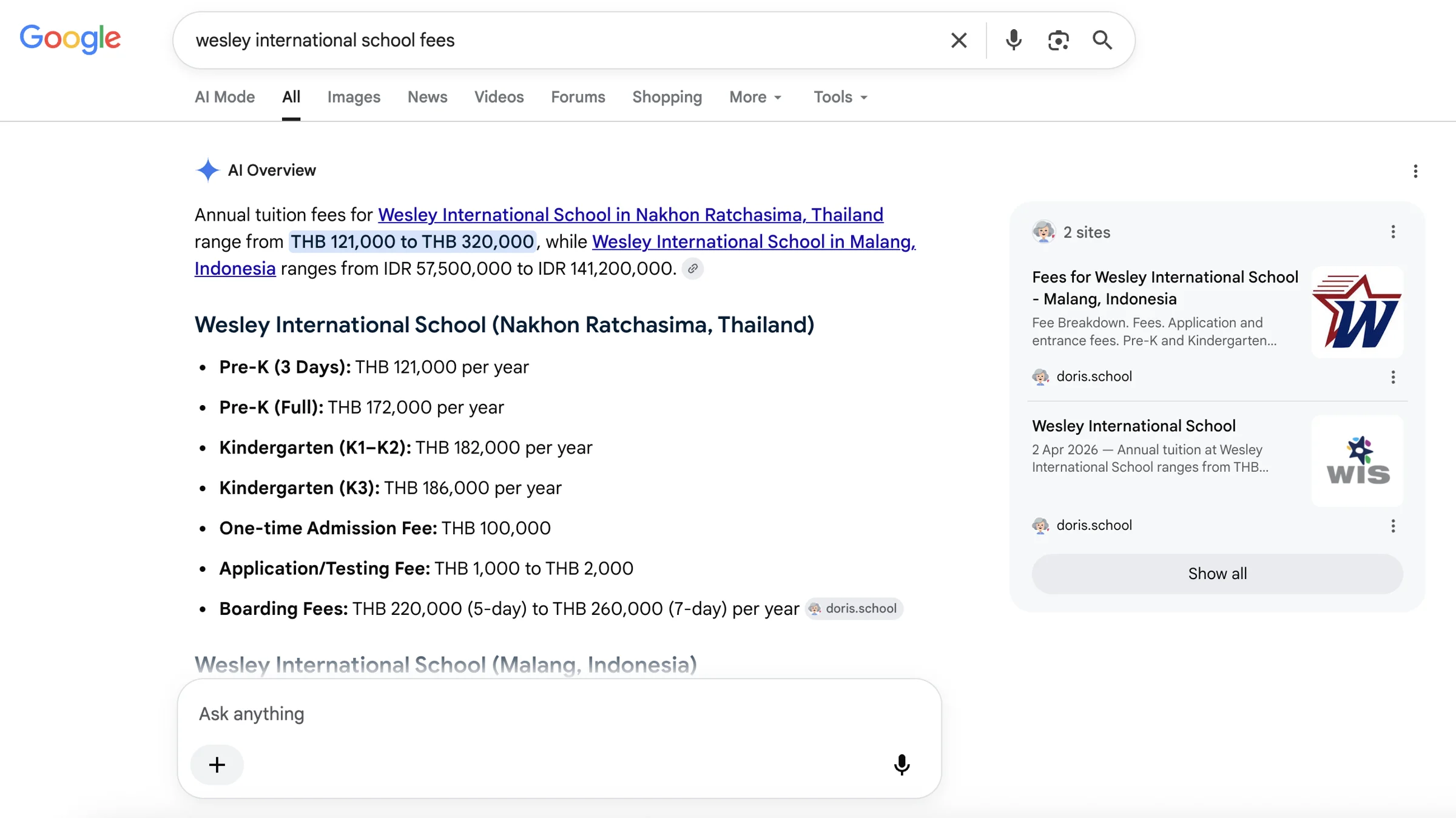 Google AI Overview citing doris in a school-fees search