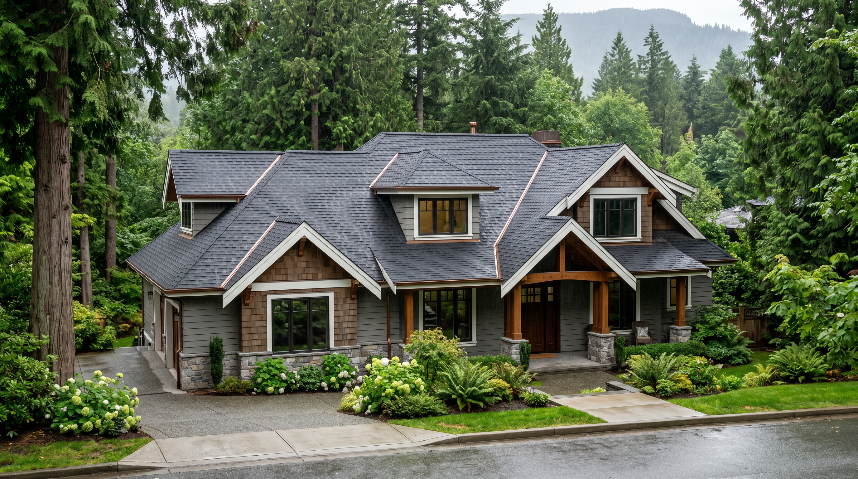 Newly installed asphalt shingle roof on a Pacific Northwest craftsman home in Vancouver