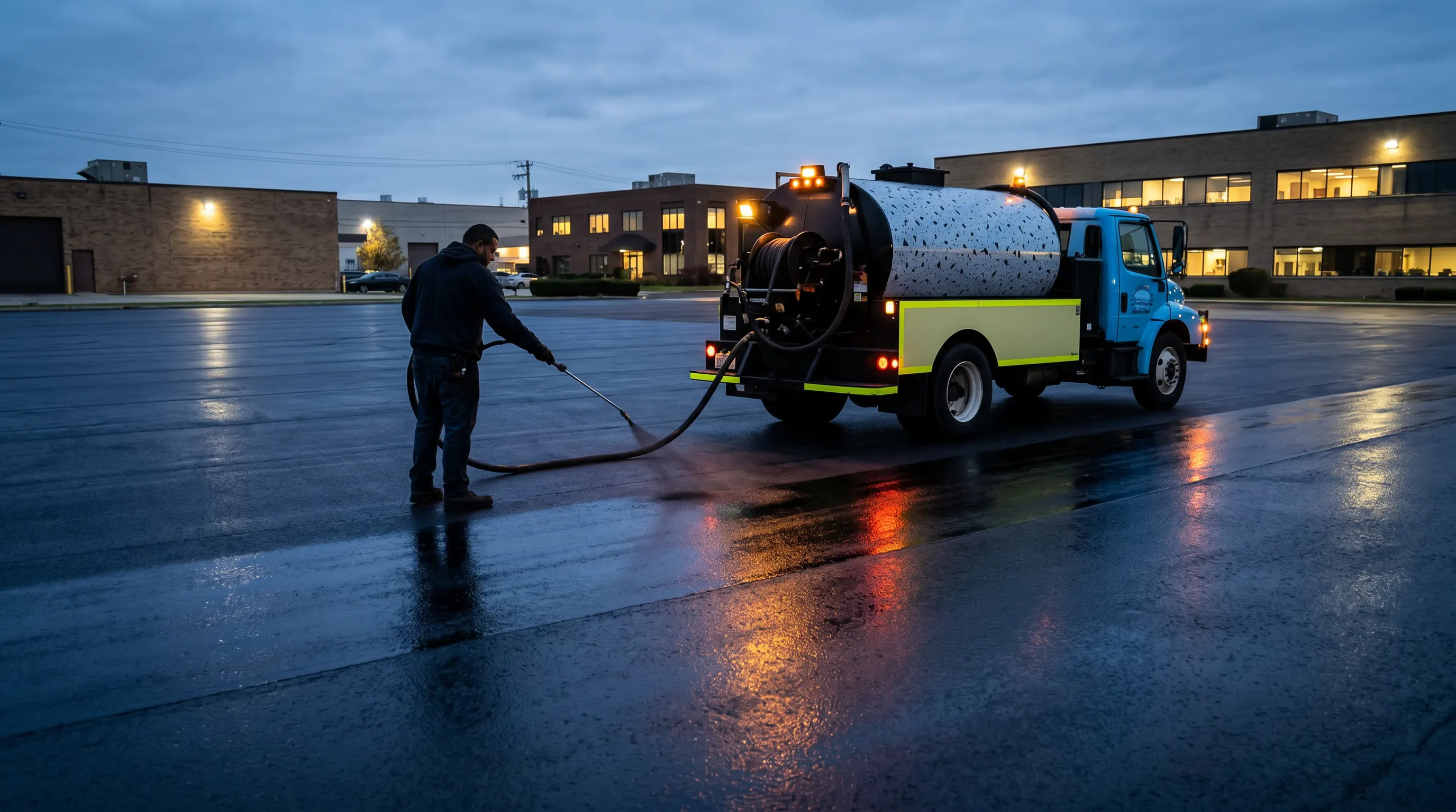 Commercial parking lot sealcoating application at dusk
