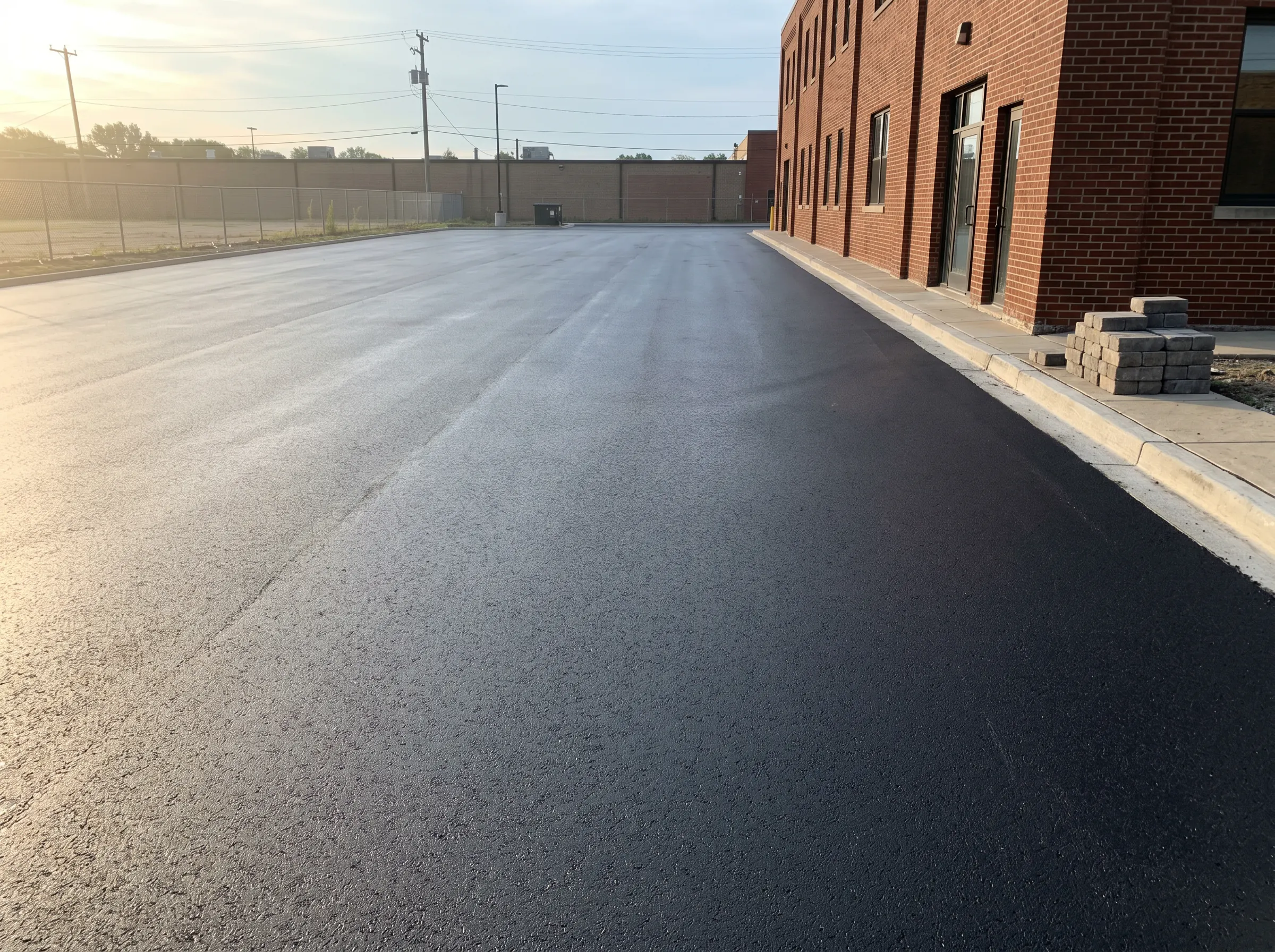 Finished black sealcoated asphalt beside a commercial building