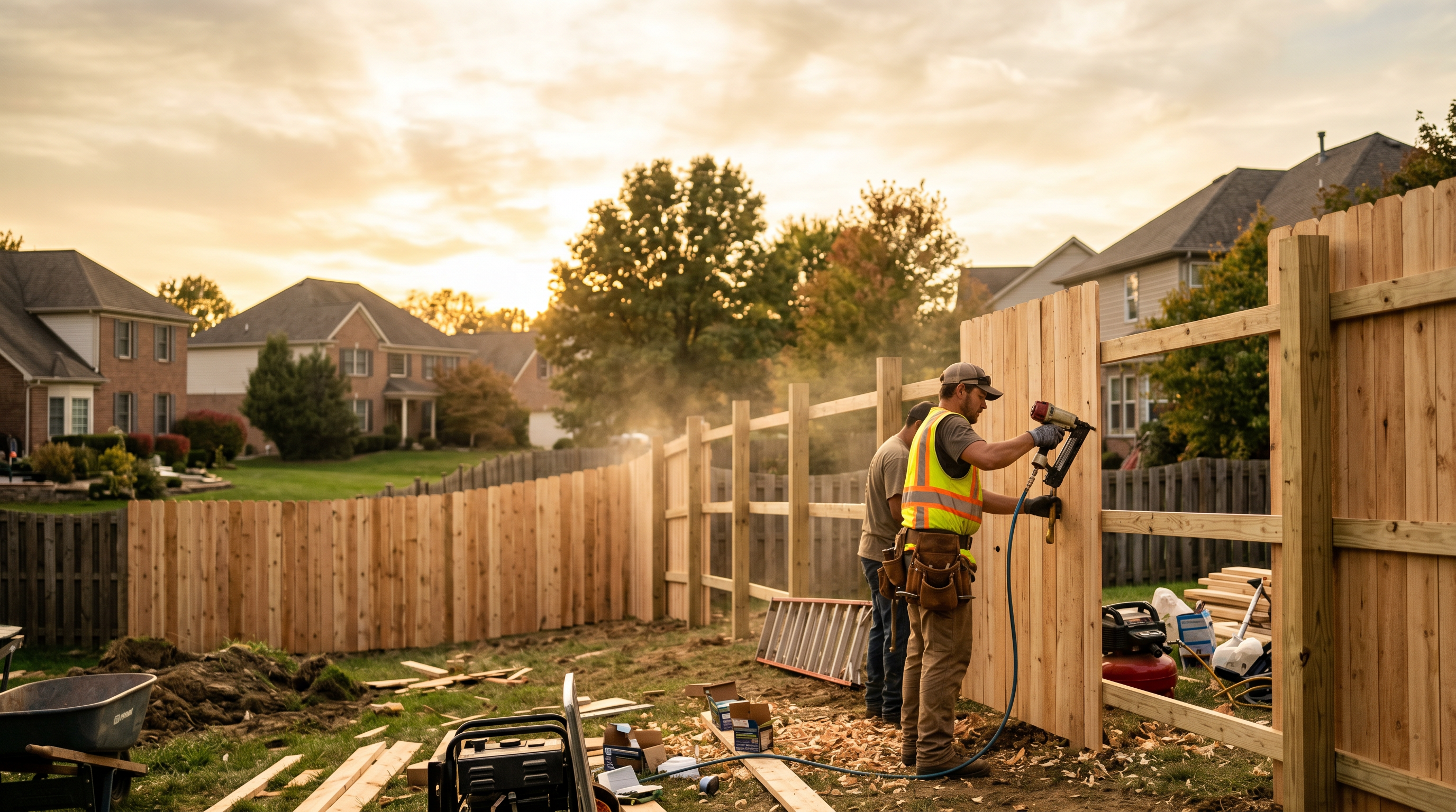 Empire Fence crew installing a cedar privacy fence in a Cincinnati backyard at golden hour