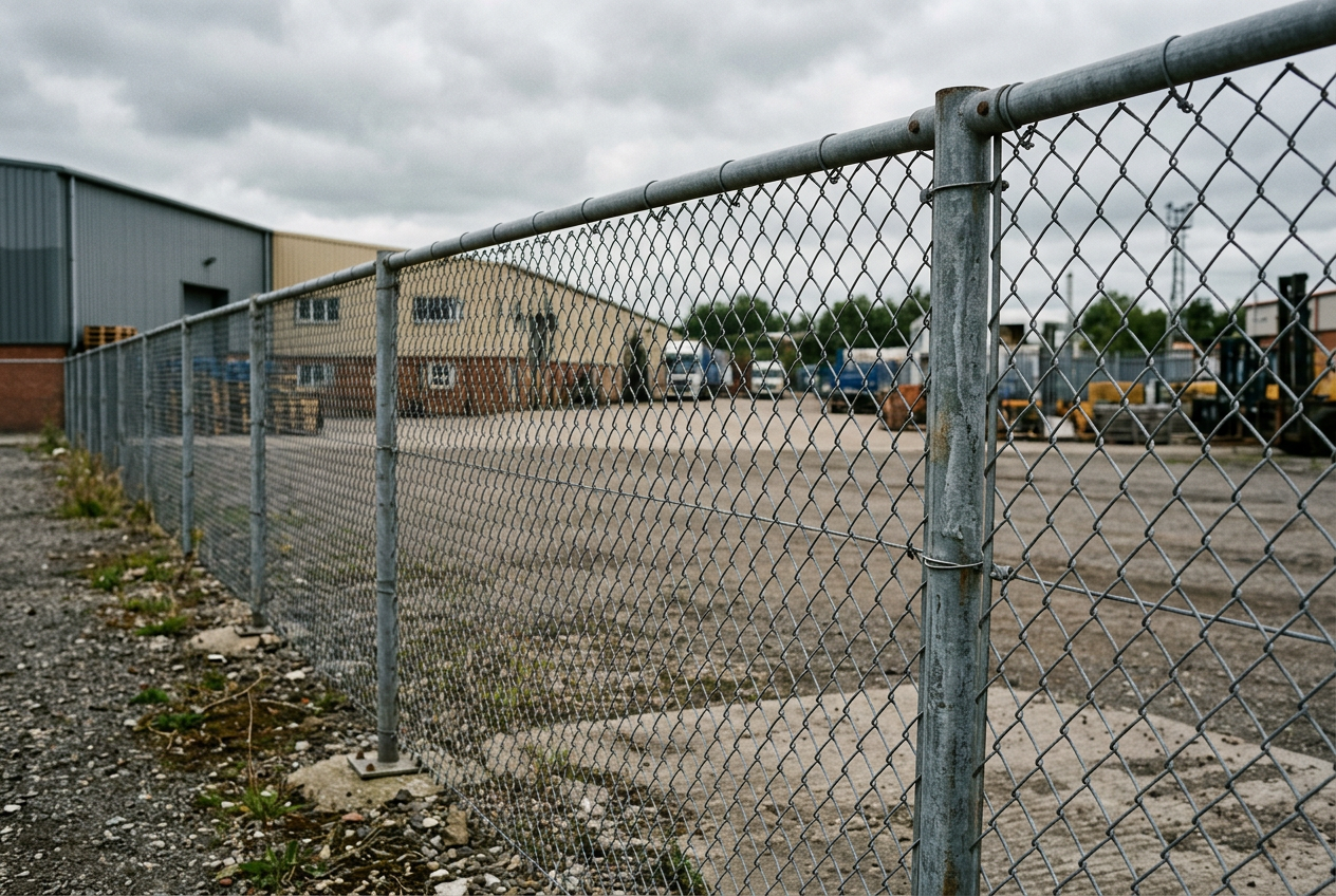 Galvanized chain-link fence securing a commercial property
