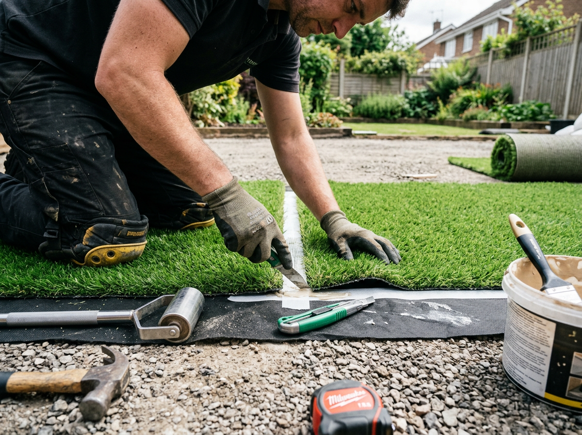 Installer hand-laying premium synthetic turf