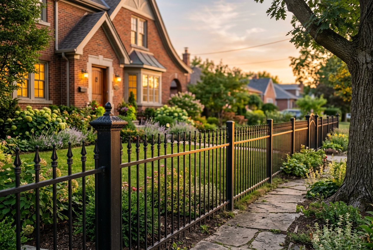 Black ornamental aluminum fence around a landscaped yard