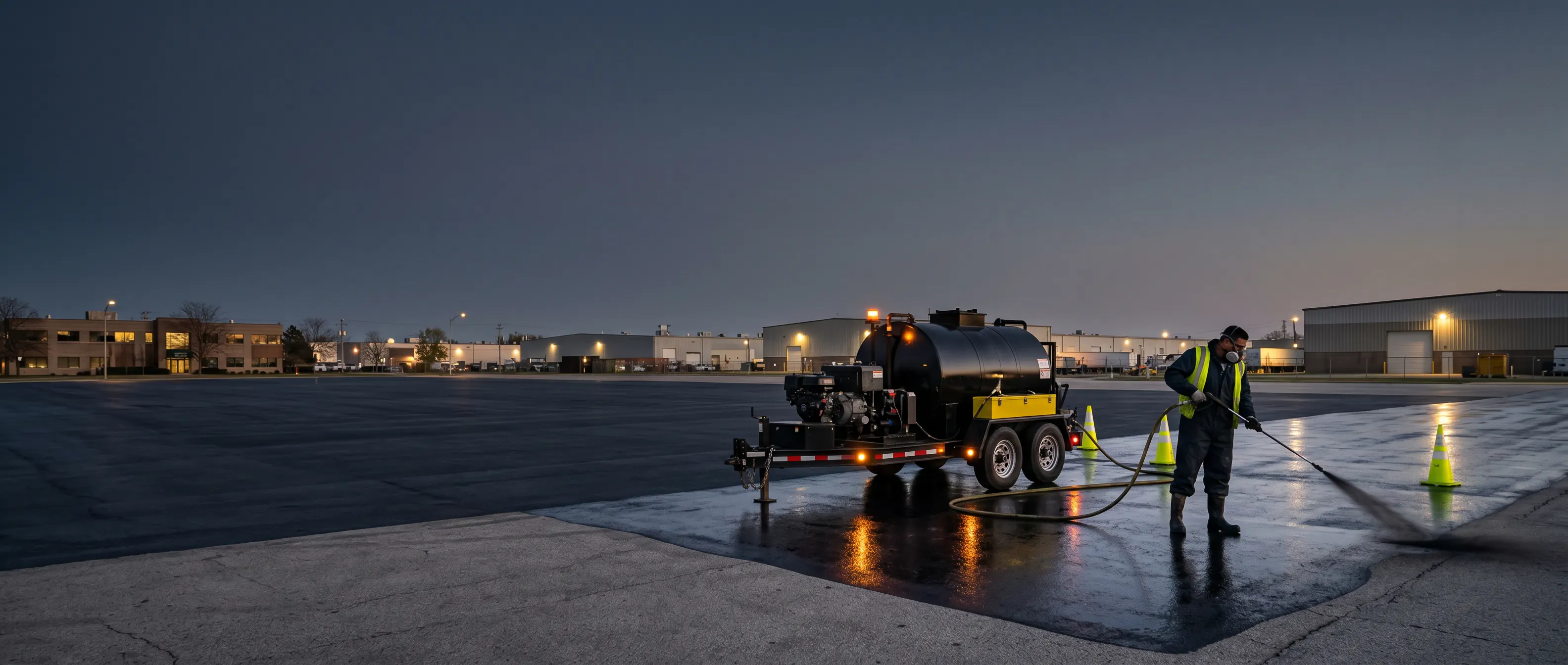 Professional sealcoating application on a large asphalt surface at dusk