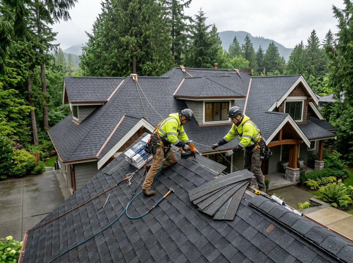 Summit Roofing crew installing shingles on a steep residential roof