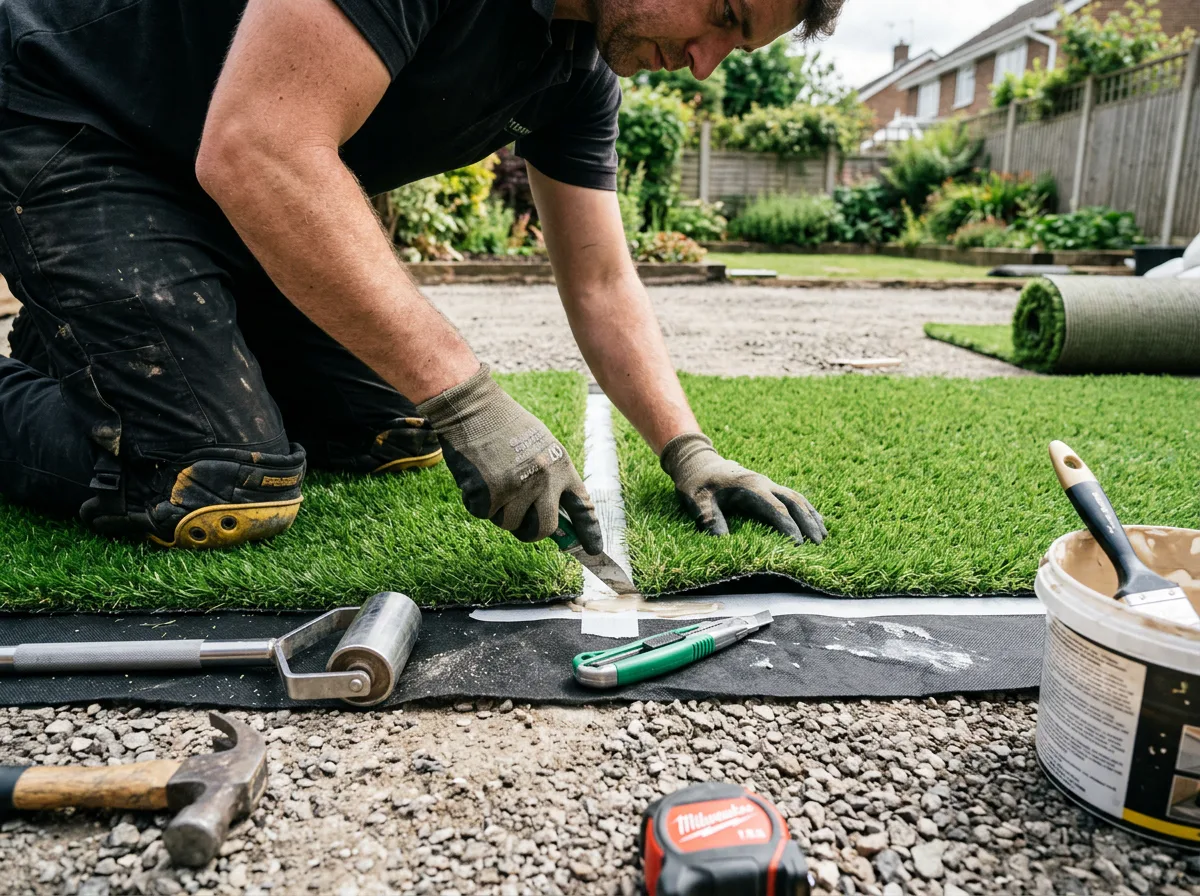 Installer hand-laying premium synthetic turf