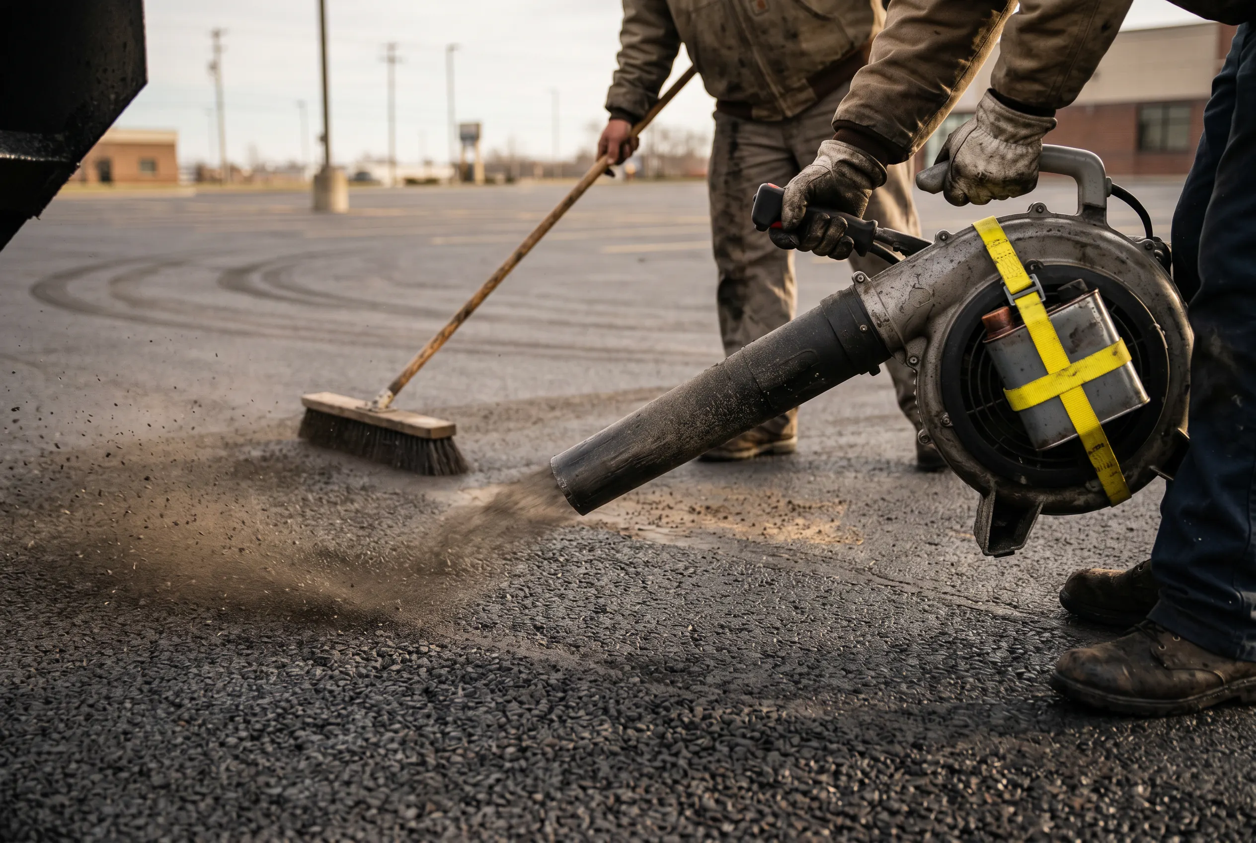 Asphalt surface preparation with an industrial blower