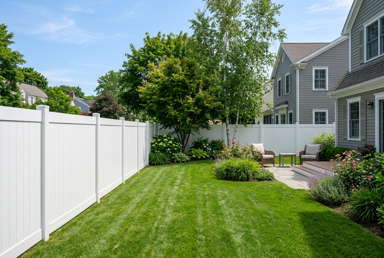 White vinyl privacy fence around a suburban backyard