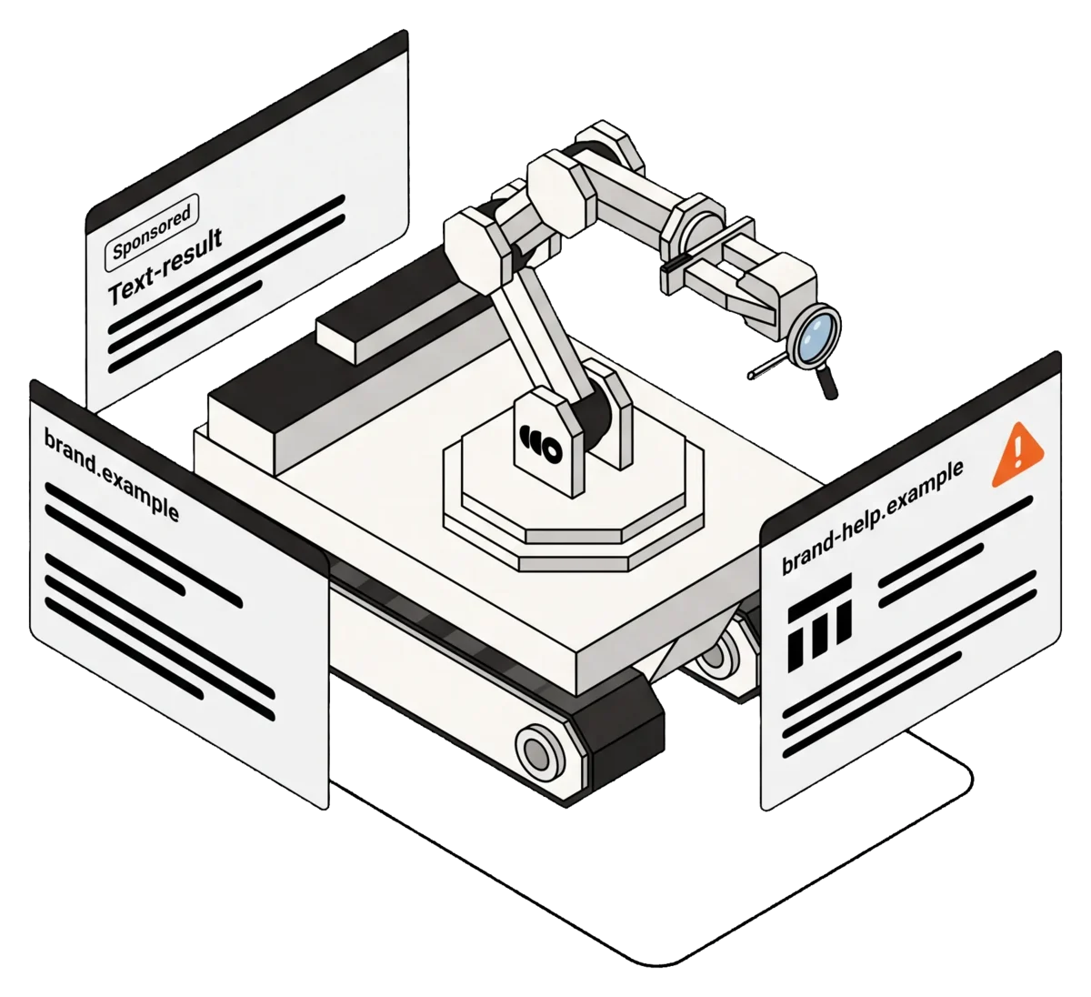 Outtake-style robot inspecting a sponsored search result and a suspicious destination.