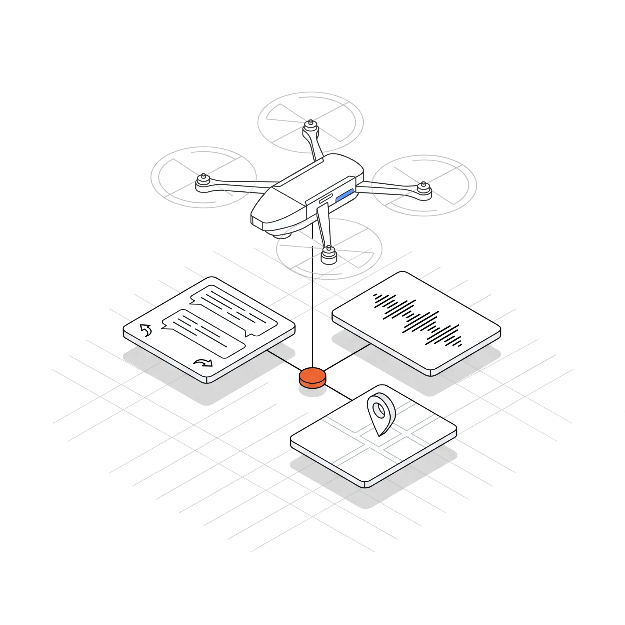 A drone connects discussion, audio and location signals into one evidence map.