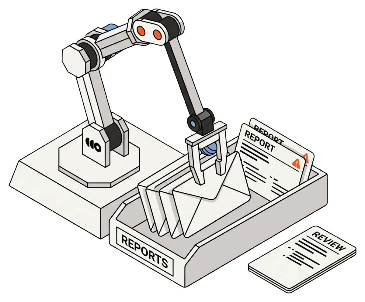 An Outtake-style mechanical arm organizes reported emails into an intake tray.