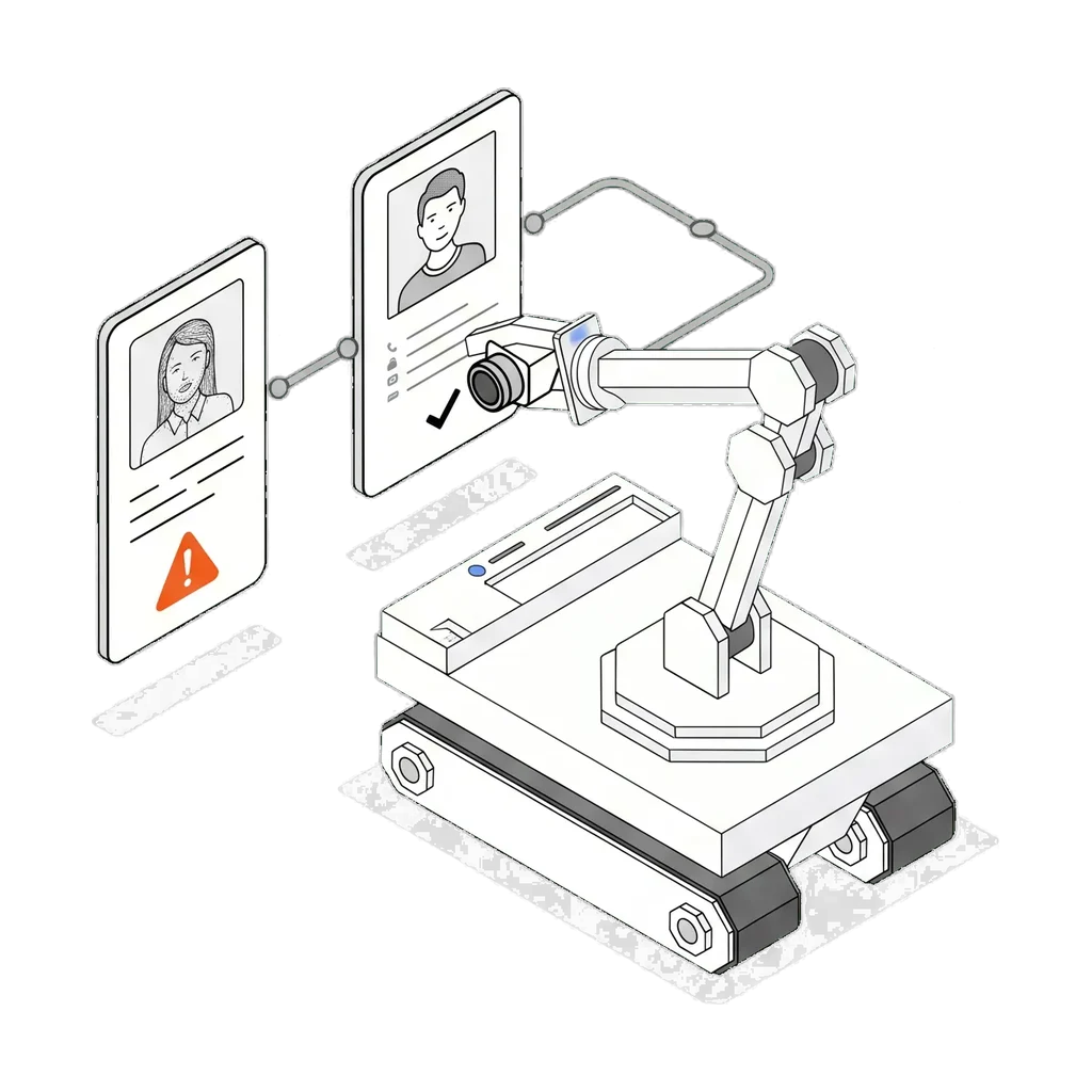 A robotic investigator checks a suspicious message against an identity record.