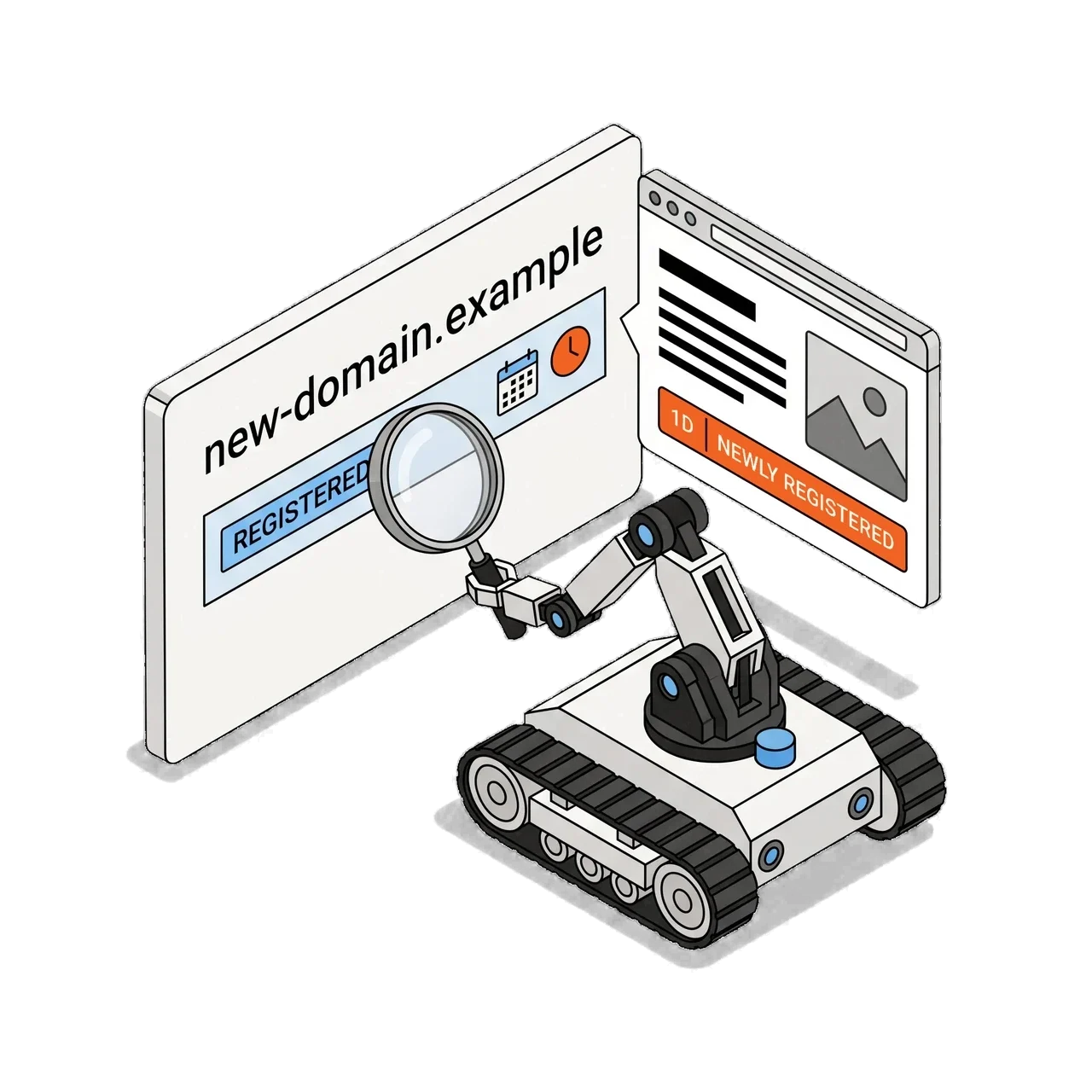 Outtake-style robotic arm inspecting a domain-registration record and recency indicator.
