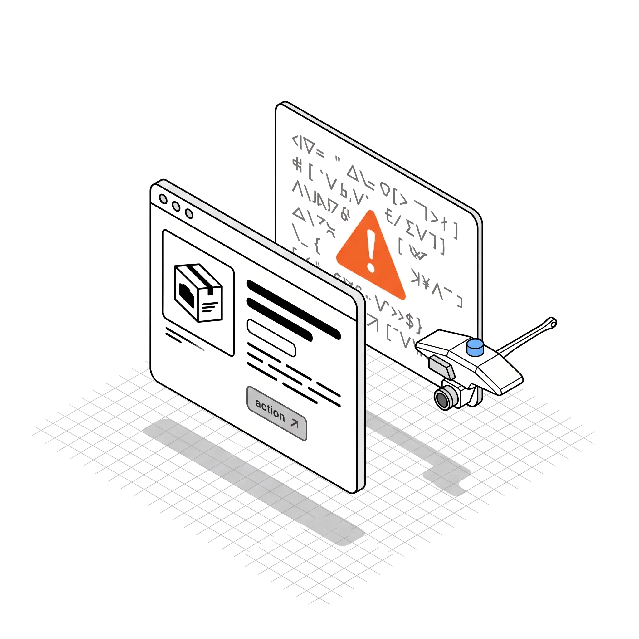 A drone inspects a normal-looking web page and a hidden warning-marked content layer.