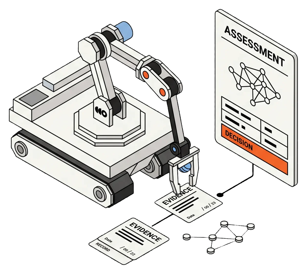 Outtake-style robot organizing threat evidence into an assessment.