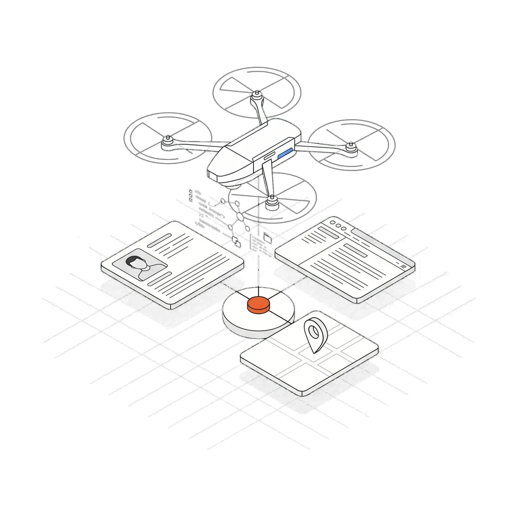 An Outtake-style drone maps public profile, website and location information.