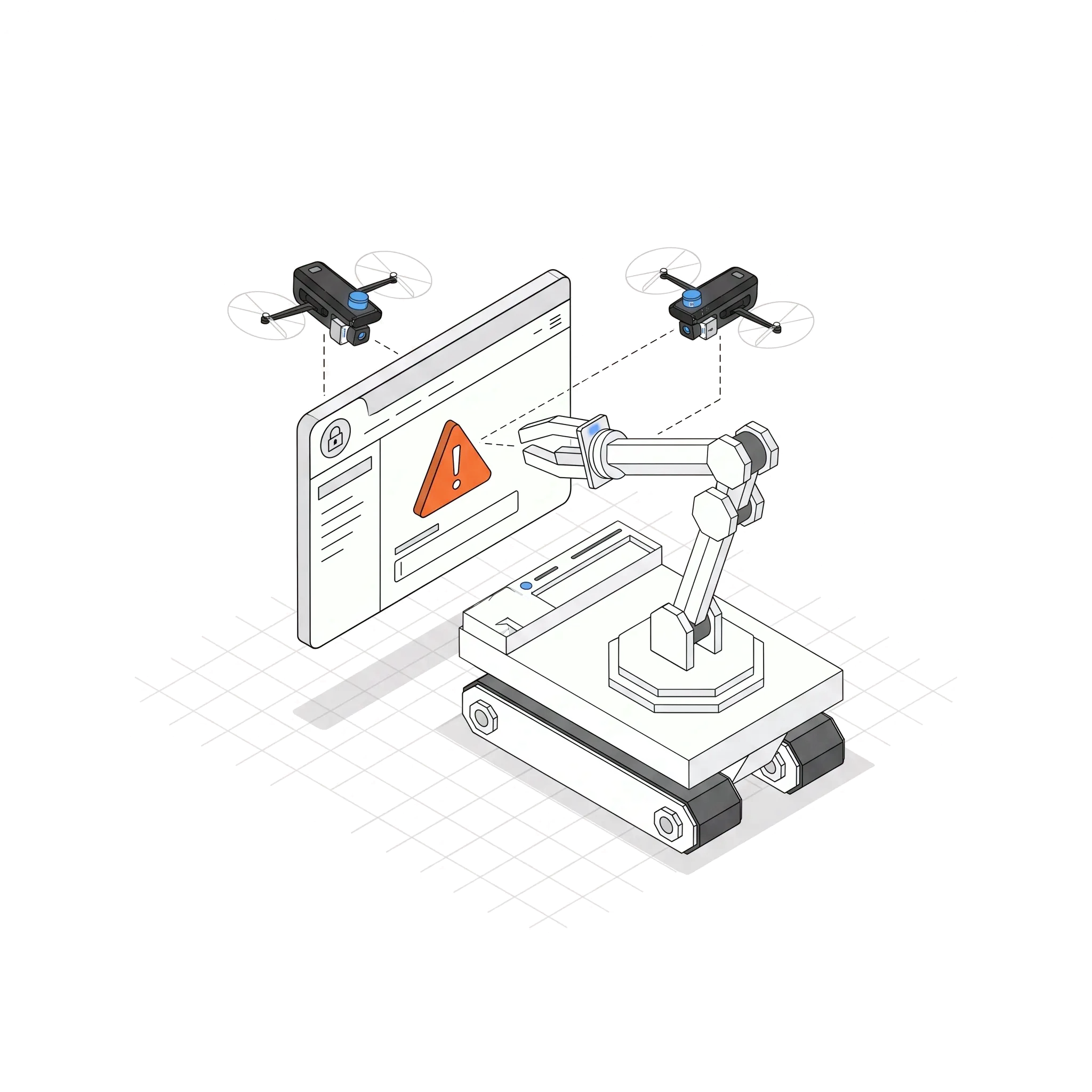 Outtake-style robotic arm and drones investigating a suspicious website.