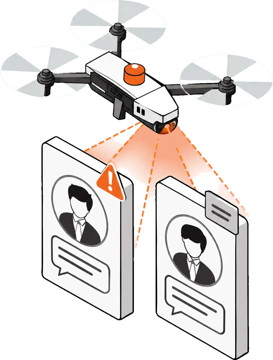 A drone comparing two identity and message tiles, with an orange warning marking impersonation evidence.