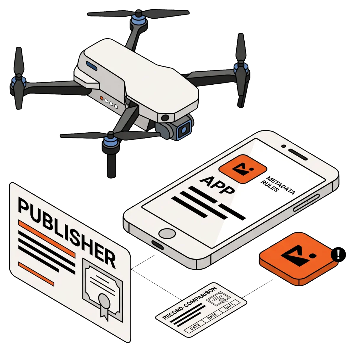 An Outtake-style inspection drone compares a mobile app with its publisher identity record.