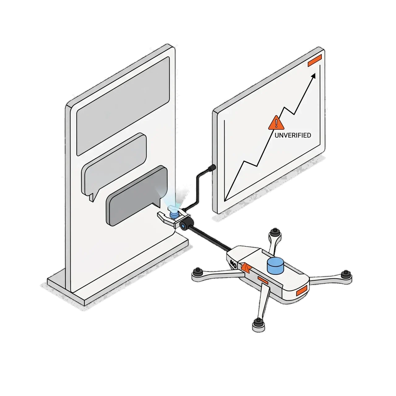 Outtake-style drone investigating a message panel connected to an unverified investment chart.