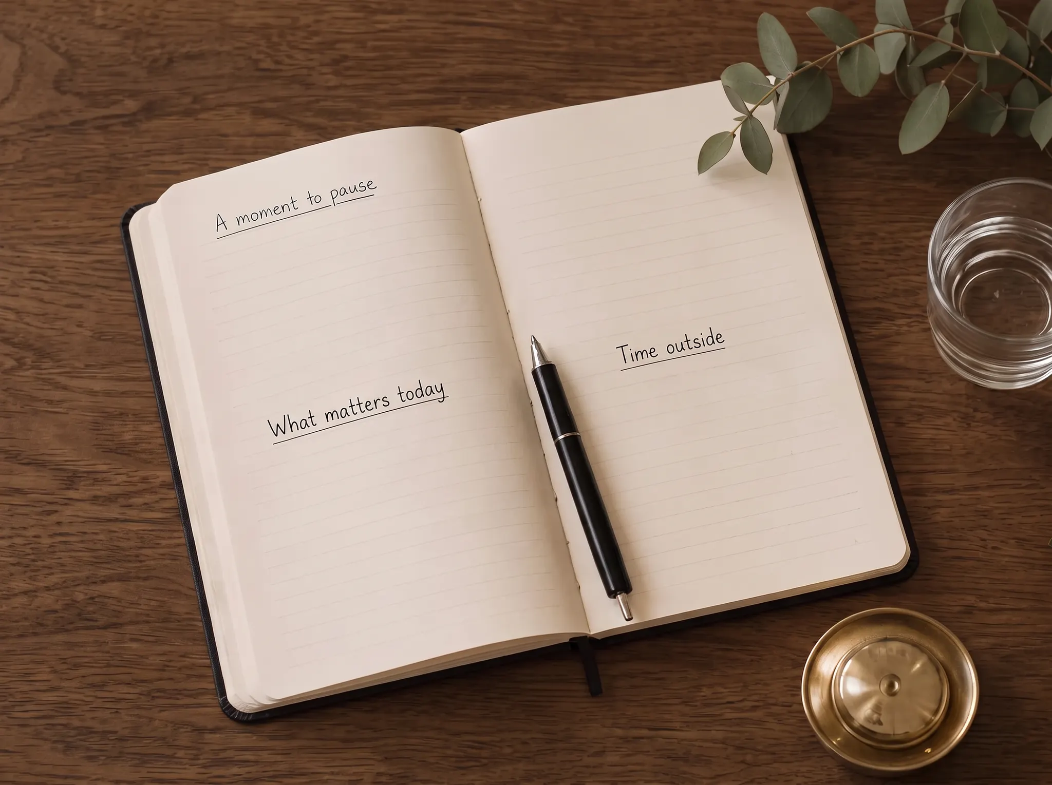 A reflective journal, eucalyptus and a glass of water on a wooden desk