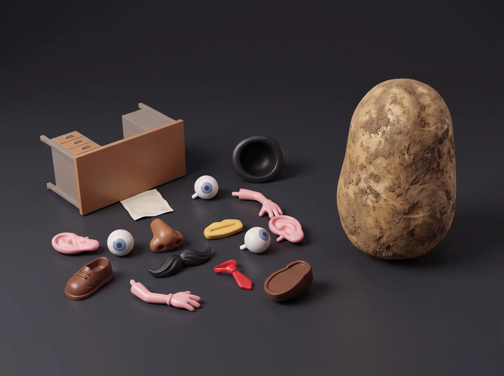 A literal potato beside scattered toy eyes, ears, shoes, hands, a red tie, and an overturned tiny desk