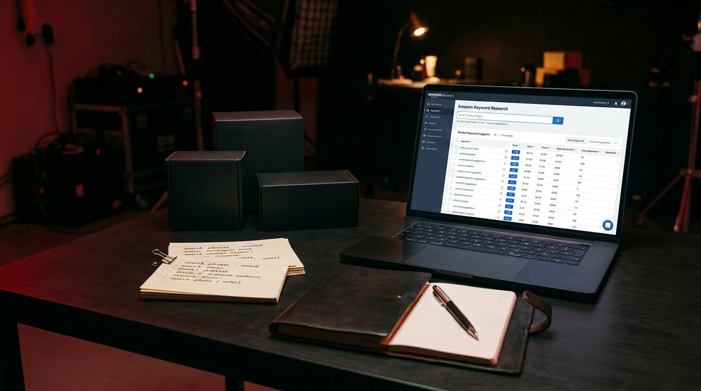 A keyword-research tool and handwritten note cards beside a laptop in a dark studio
