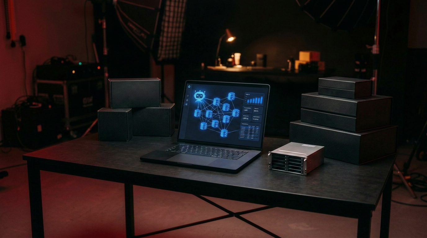 A network of connected server nodes linking an AI assistant on a laptop in a dark studio