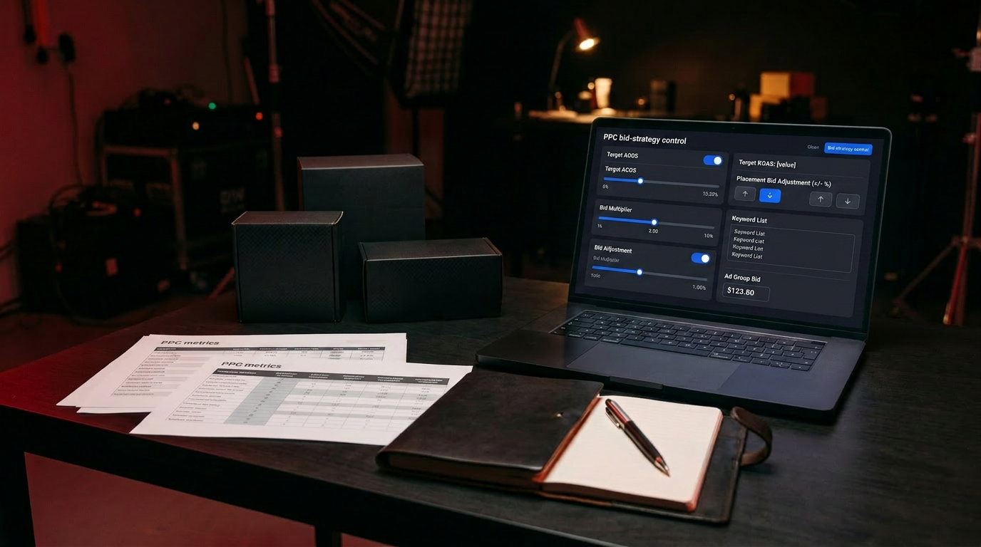 Bid-strategy sliders and up/down adjustment toggles on a laptop in a dark studio