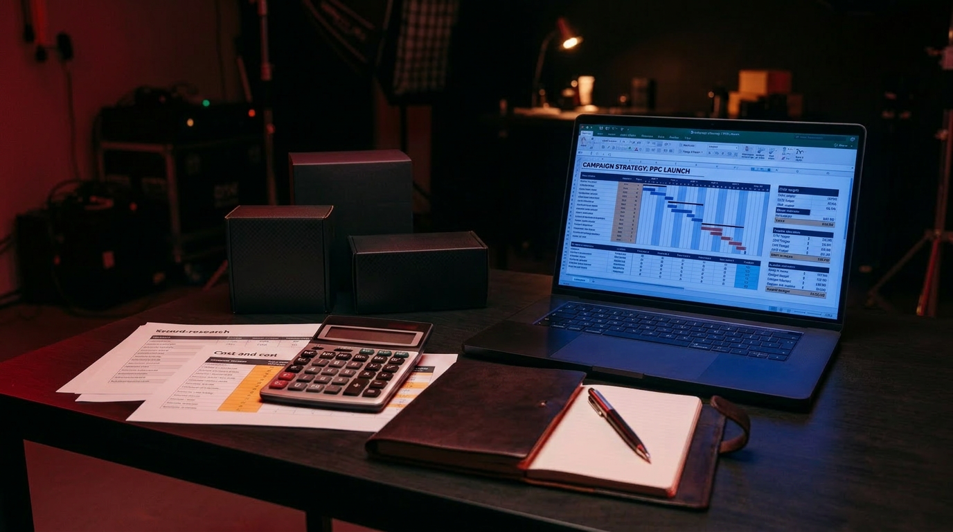 A calculator and budget spreadsheet beside a laptop in a dark, red-lit studio