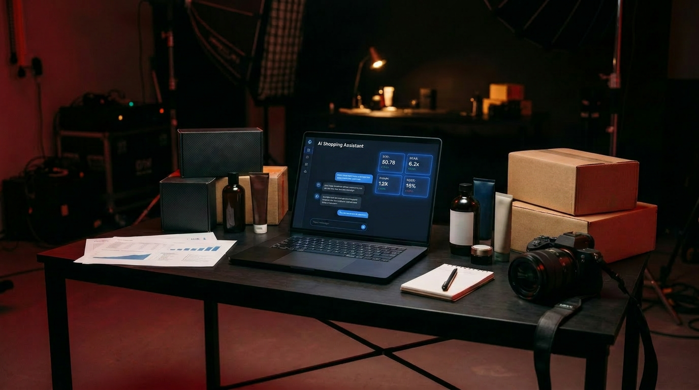 AI shopping-assistant chat interface glowing on a laptop in a dark, red-lit product studio