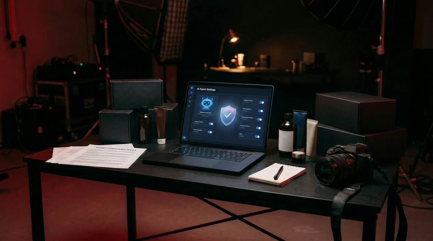 An AI agent settings screen with a shield icon on a laptop beside a policy document in a dark studio