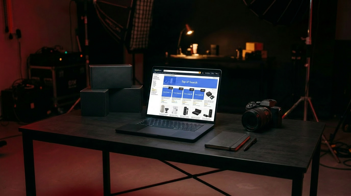 A search-results page with the top-of-search zone highlighted on a laptop in a dark studio