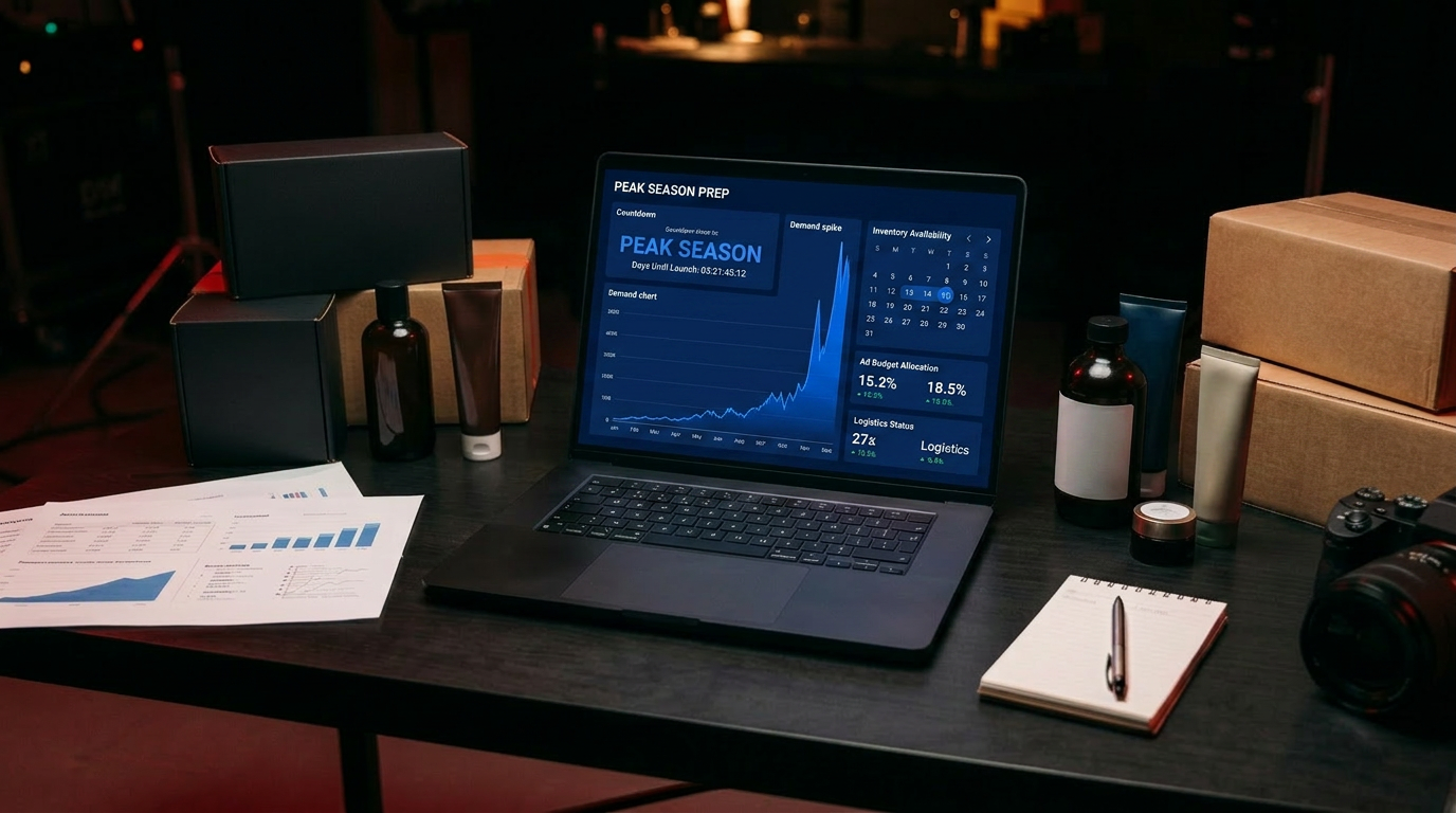 A peak-season prep dashboard with a countdown and demand-spike chart on a laptop in a dark studio