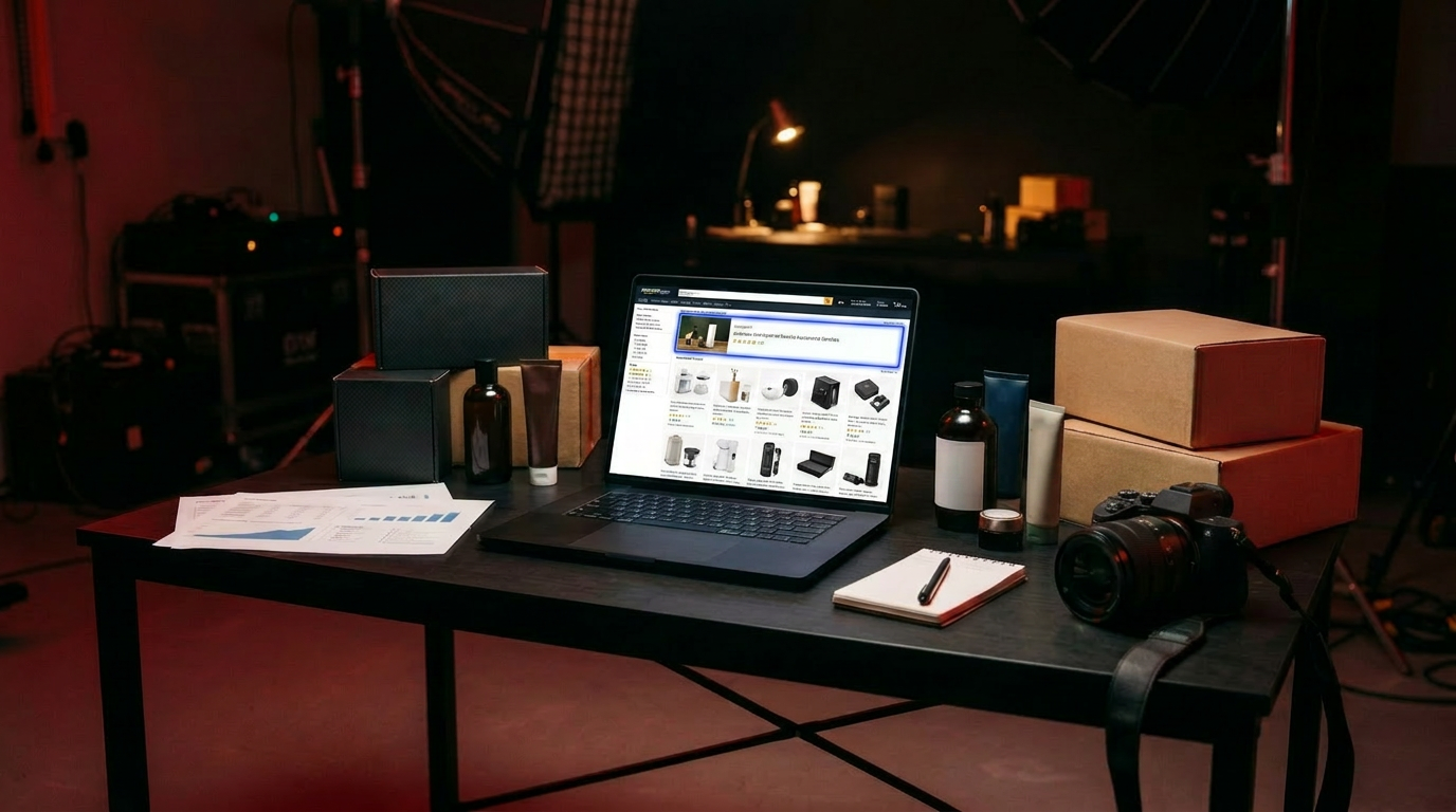 Search results with the top sponsored slot highlighted on a laptop in a dark studio