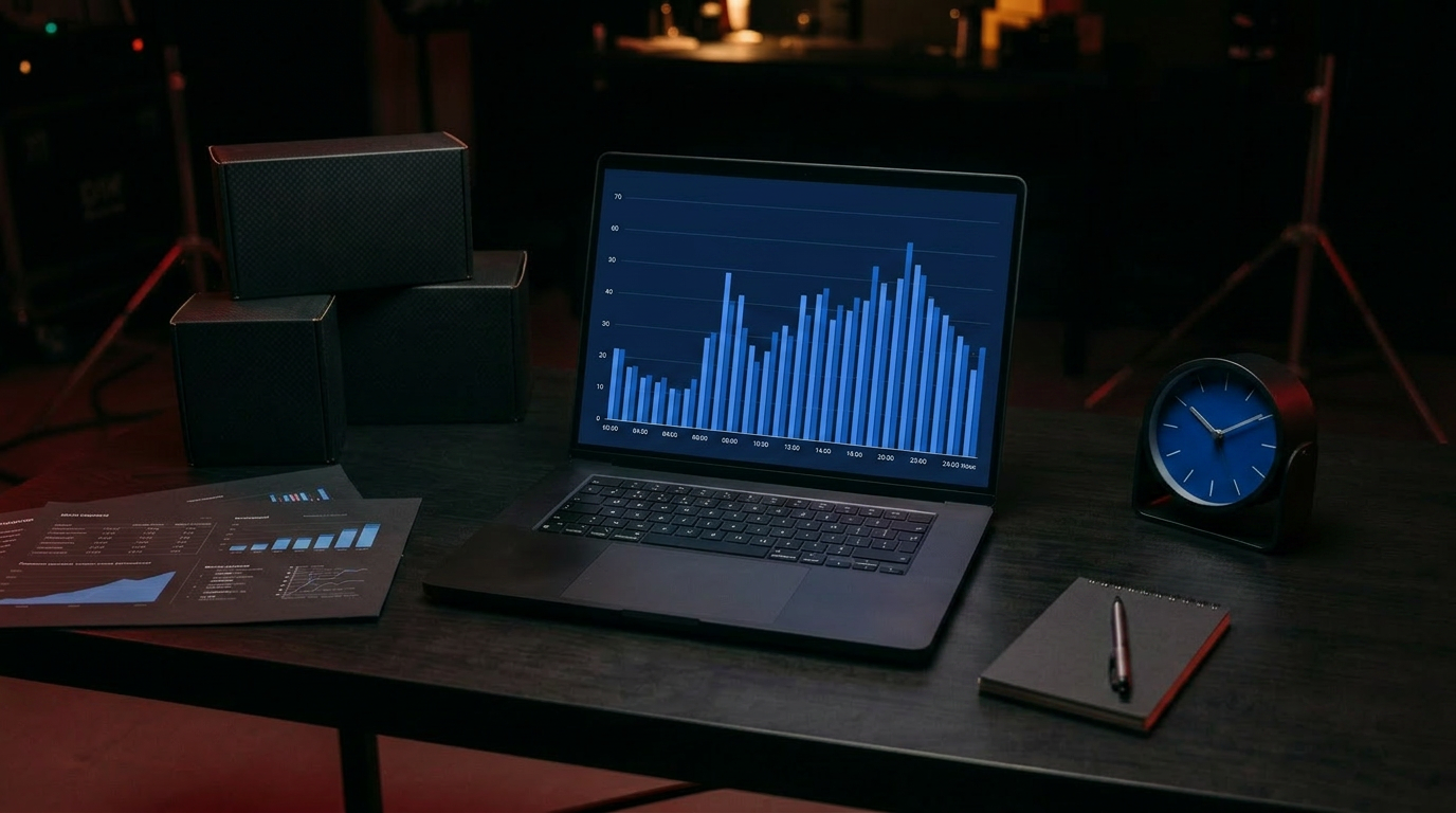 An hour-by-hour performance chart and a desk clock beside a laptop in a dark studio