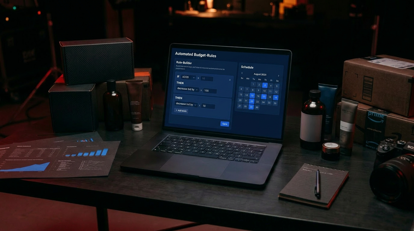 An automated budget-rules panel with an if/then builder and calendar on a laptop in a dark studio