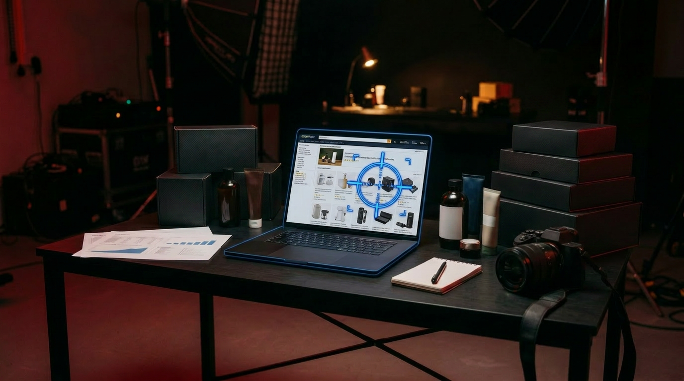 A competitor product page with a glowing targeting crosshair on a laptop in a dark studio