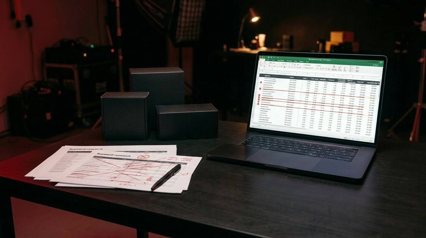 A keyword list with several terms struck through on a laptop in a dark studio