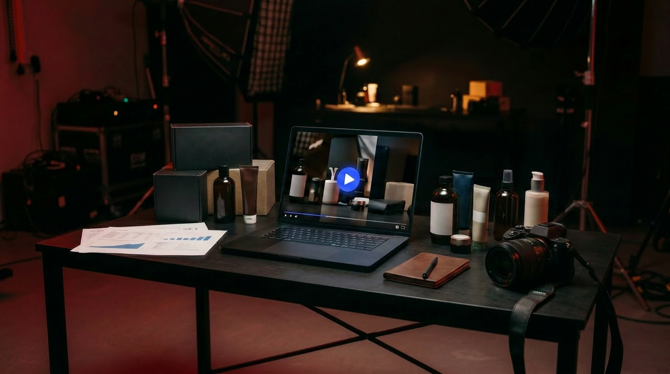 A product video ad playing on a laptop surrounded by products in a dark, red-lit studio