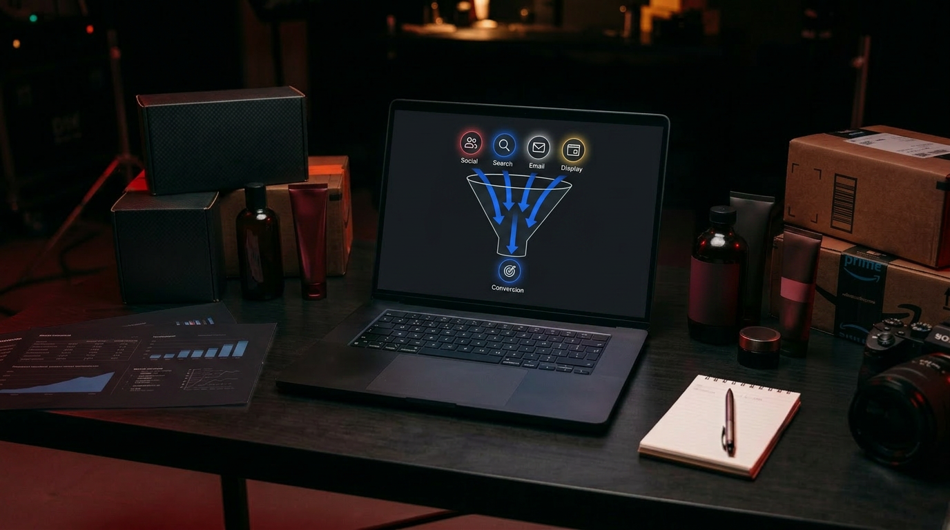 A marketing-attribution funnel pulling social, search, and email traffic into one conversion on a laptop in a dark studio